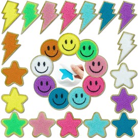 27Pcs Chenille Patches, Self Adhesive Chenille Patches Colorful Cute Thunder Smiley Face Stars Embroidered Gold Glitter Chenille Patches Sticker on Applique for Clothing Fabric Jacket DIY Backpack