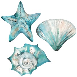 3 Pcs summer Coastal Wall Decor Beach Wall Art Decor Blue Sea Turtle Surfboard Seahorse Starfish Seashell Conches Crabs Sea Life Decor for Bathroom Bedroom Home (Shells,Conch,Starfish)