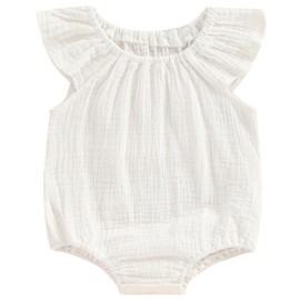 Mubineo Baby Girl Boy Summer Cotton Linen Romper Clothes Basic Plain Ruffle Sleeveless Comfy Rompers Newborn Tops (White, 3-6 Months)