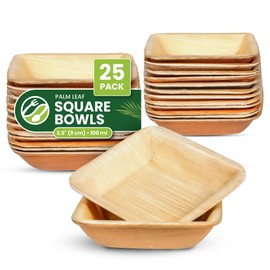 ECO Leaf 25 Disposable Palm Leaf Square Bowls, 3.5" (9cm), 100ml (3oz) - Snack Bowls, Sauce Pots, Ketchup & Mayo Pots, Eco-Friendly, Biodegradable Heavy-Duty Bowls for Weddings, Parties, Oven Safe