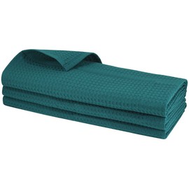 Daloual 3 x Tea Towels, 100% Cotton, Waffle Piqué Kitchen Towel, Cleaning Cloth, Teal / Petrol