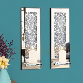 Pibeyer Crystal Crush Diamond Wall Candle Holder Set of 2, Rectangle Silver Mirrored Candle Sconces, Home Wall Decoration for Living Room,Dining Room & Bedroom