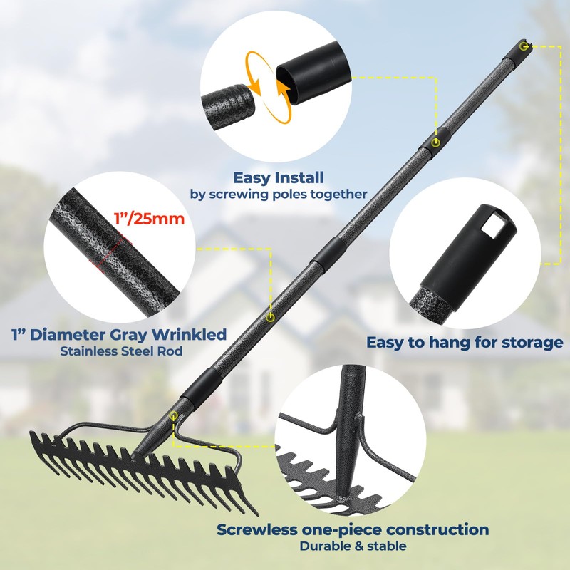 Garden Rake, 17" Extra Wide Double-Sided Head, 63" Heavy Duty