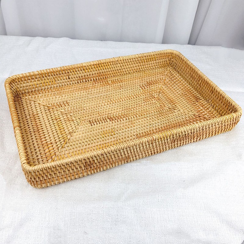 Rattan Tray Tabletop Organization Hand Woven Snack Storage Basket Multifunctional