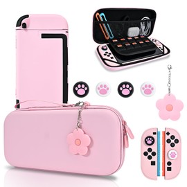 DLseego Carrying Case only for Switch 2,Carrying Storage Travel Pouch with Sturdy Protective Shell,4PCS Thumb Grip Cover and 1PC Lovely Flower Charm,Pink