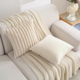 Volcanics Set of 2 Faux Fur Plush Decorative Throw Pillow Covers 18x18 Inches, Striped Cushion Cases Soft Fluffy Accent Pillowcases for Sofa, Couch and Bed, Beige