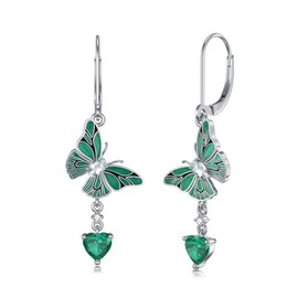 Althum Laboratory Grown Emerald Earrings 925 Sterling Silver Heart Shape Emerald Butterfly Earrings Emerald Drop Earrings for Women, Sterling Silver, Emerald