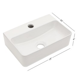 Kichae Floating Bathroom Sink Wall Mounted - Rectangle Vessel Sink 14" x 10" Small Modern Bathroom Wall Hung Sink White Porcelain Ceramic Vessel Vanity Sinks with Faucet Hole