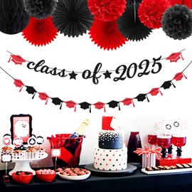 Red Black Party-Decoration Graduation Banner - 14pcs Kits Cap Garland Streamers, Paper Tissue Pom Poms Flowers Fans Honeycomb,Class Of 2025 College High School Grad Decor Hugfond