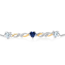 925 Sterling Silver and 10K Yellow Gold Sky Blue Aquamarine Blue Created Sapphire and White G-H Lab Grown Diamond Tennis Bracelet For Women (1.36 Cttw, Heart Shape 5MM, Fully Adjustable Up to 9 Inch)