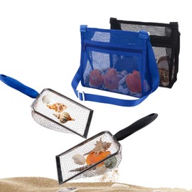 MUYIZI Beach Mesh Shovel with Mesh Shell Bags, Kids Filter Sand Scooper for Picking Up Shells,Shark Tooth Sifter Dipper for Boys and Girls,Beach Toys Accessories (Sapphire Blue+Black)