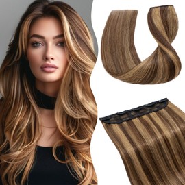 TESS Clip In Hair Extension Remy,Hair Extensions Real Human Hair One Peice 5 Clips Straight Natural Hairpieces for Womens/Girls(#4/27 Medium brown＆Dark blonde,18Inch)