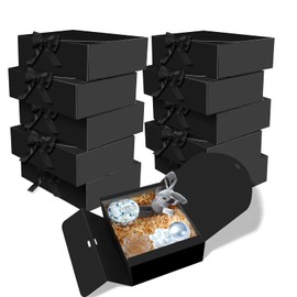 BoShahai 10 PCS Boxes with Lids, 10.6x7.8x3.1 Inch Kraft Paper, Black Gift Boxes with Ribbon, Bridesmaid Proposal Box for Wedding, Packaging, Present, Birthday, Cupcake Boxes