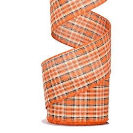 Ribest Fall Ribbon Wired, 2-1/2 Inch x 10 Yards, Fall Bulap Plaid Ribbon Wired for Wreaths Bows Crafts Decoration Gift Wrapping, Orange/Black