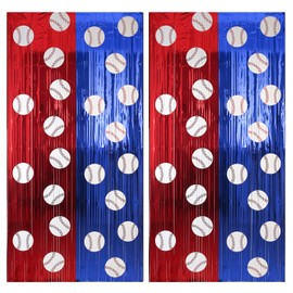 PintreeLand 2 Pack Baseball Foil Fringe Curtain Backdrop 3.3 * 6.6ft, Red and Blue Tinsel Streamers, Sports Themed Birthday Party Decor