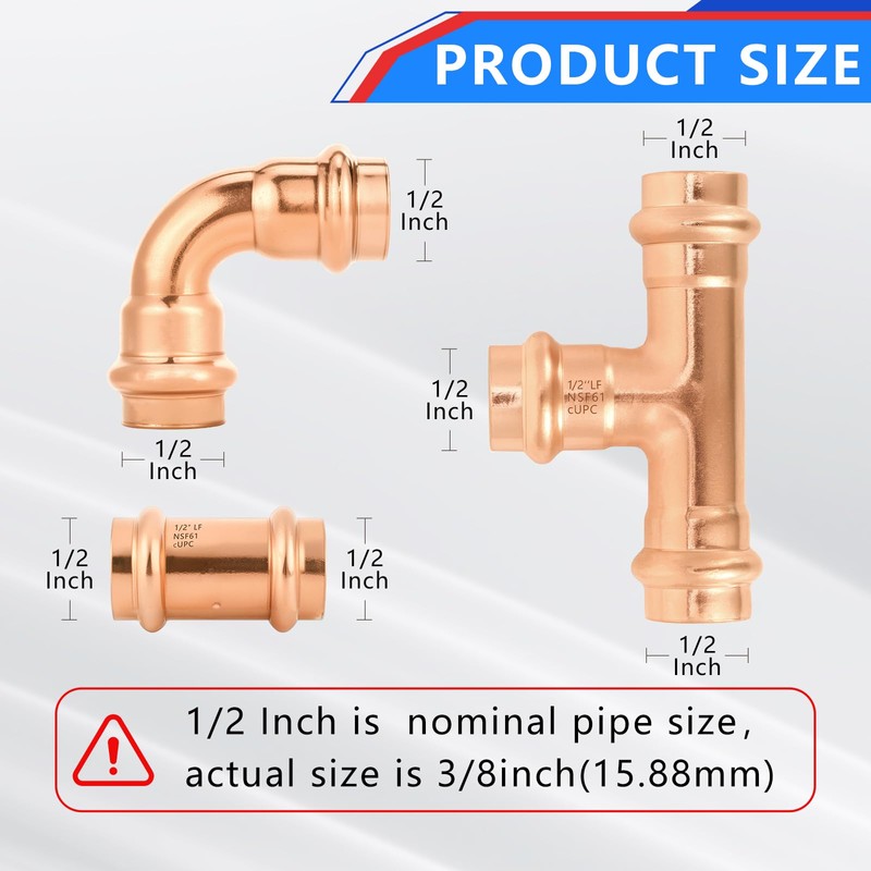 YVSKM 1/2" Copper Press Fittings Assortment Kit – 2 Tees,