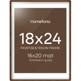 Homeforia 18x24 Frames Brown Wood, Mortise & Tenon Walnut 18 x 24 Picture Frame with Mat 16 x 20 for Wall, 24x18 Dark Wooden Poster Frame Matted to 16x20 inch Photo, Tempered Glass, Wall Kit, Set of 1
