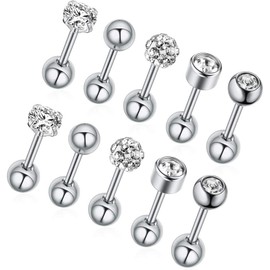 Gabry&jwl 5Pairs Stud Earrings Set 316L Stainless Steel Barbell Ball Earring Tragus Cartilage Helix Lobel CZ Earring Hypoallerge Earrings for Women Men Silver Ear Studs (5Pairs Silver)