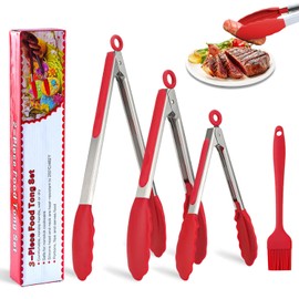 SYNMORE 3 Pinzas de Cocina, Silicona de 7", 9", 12" con 1 Cepillo de Aceite, Juego de Clips Antiadherentes de Acero Inoxidable con Seguro,Pinzas con Resistencia a Altas Temperaturas (Rojo)