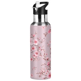 ALAZA Pink Floral Cherry Blossom Water Bottle with Straw Lid Vacuum Insulated Stainless Steel Thermo Flask Water Bottle 32oz