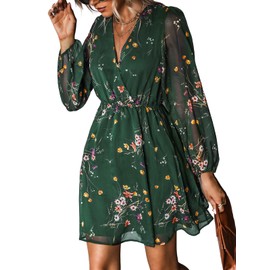 CUPSHE CUPSHE Women's Floral Print Chiffon A-Line Mini Dress Long Peasant Sleeves Elastic Autumn Dress Green M