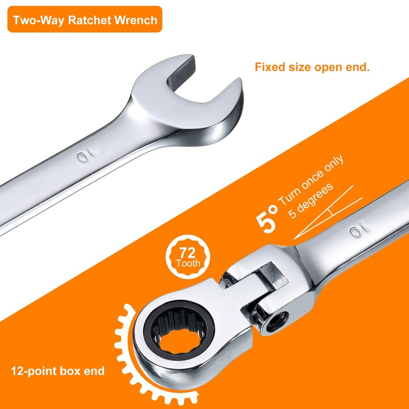 sourcing map Flex-Head Ratcheting Wrench 10mm 180° Rotating Head Metric