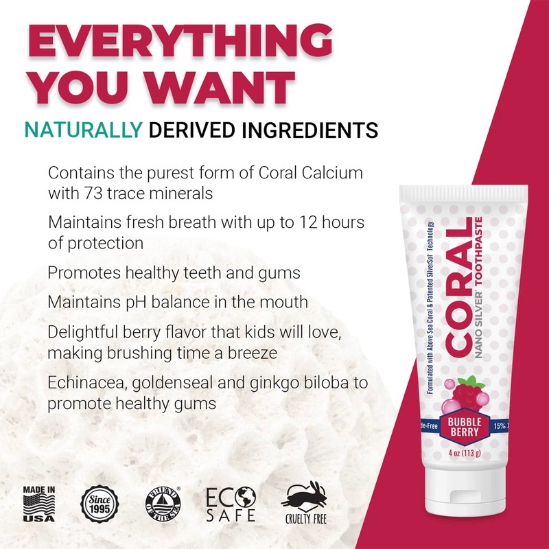 Coral Nano Silver Bubble Berry Kids Toothpaste, Natural Fluoride Free
