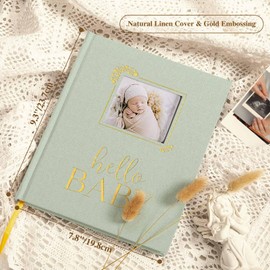 Lanpn Hello Baby Memory Book, Linen Baby Book Memories with DIY Window, Newborn First 5 Year Keepsake Journal Scrapbook Photo Book Baby Milestone Album for Boy Girl New Parents (Green, 154 Pages)