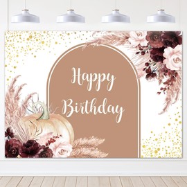 Avezano Fall Pumpkin Happy Birthday Backdrop Burgundy Red Birthday Party Background for Women Lady Autumn Birthday Party Decorations(7x5ft)