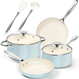 MICHELANGELO Pots and Pans Set - Nonstick Ceramic Cookware Set, 8-Piece Healthy Cooking Set, Non-Toxic, Oven Safe & Compatible with All Stovetops - Blue