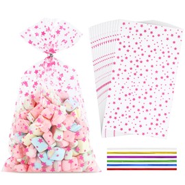 LEOSINDA 100Pcs Cellophane Treat Bags,7 X 12 Inches Pink Star Clear Cellophane Bags,100 Twist Ties,for Gift Wrapping,Packaging Candies,Dessert,Bakery, Cookies, Chocolate,Party Party Decorations