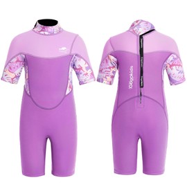 Gogokids Kids Shorty Wetsuit, 2.5mm SCR Neoprene Wetsuits for Toddlers, Back Zipper Children's Short Wet Suits Comfort & Warmth, UV Wetsuit for Swimming, Snorkelling & Surfing, Ages 4-5 Girls, Purple
