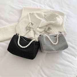 CWCYYDSYY Women's Fashion Rhinestone Pearl Shoulder Handbags Purses Sparkling Wedding Prom Party Club… (Black)