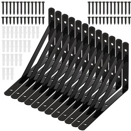 Hiceeden 12 Pack Heavy Duty Shelf Brackets, 8 in x 5 in Wall Mount Steel L Shelf Bracket, Angle Brackets for Floating Shelves, Black Metal Powder-Coated