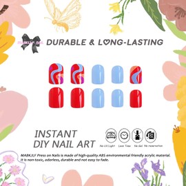 Minimalist Press on Nails Short Square Petite Fake Nails Blue Orange Full Cover Colorful Swirl False Nails with Designs Glossy Glue on Nails Summer Acrylic Nails Artificial Nails for Women Girls 24Pcs