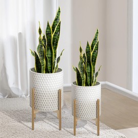 Oakrain Mid Century Planters for Indoor Plants, Set of 2, Modern Decorative Metal Pots for Living Room, Office, Garden or Balcony, Gray and White Gradient Planter with Stand, 8 inch&10 inch