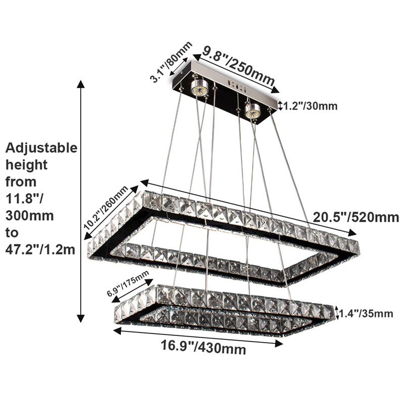 Dimmable Crystal Chandelier, Modern Rectangular 2 Ring LED Pendant Light