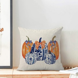 Fall Pillow Covers 24x24 Pack of 2 Chinoiserie Blue and Orange Pumpkin Throw Pillow Cover Outdoor,Fall Thanksgiving Decoration Pillowcase Autumn Decor Farmhouse Cushion Case for Home Sofa