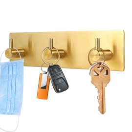 Picowe Key Holder for Wall Decorative, Adhesive Stainless Steel Key Hooks, Key Hanger Key Organizer for Wall, Towel Hook Coat Hanger for Entryway Hallway Kitchen(Three Rows,Golden 1PCS)