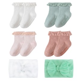 4 Pairs Of Baby Anti-Slip Socks And 2 Pieces Bow-Tie Headbands, Anti-Slip Design, Cotton Baby Socks, Sweet And Cute Short Socks.