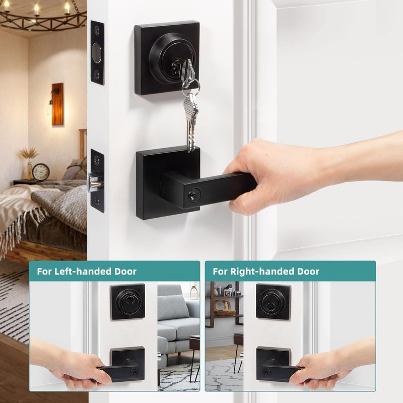 Square Exterior Door Handle with Deadbolt, Matte Black Entry Door