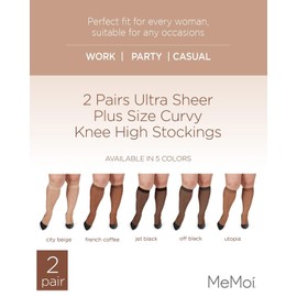 MeMoi 2 Pack Plus Size Knee Highs for Women, Ultra Sheer Knee High Socks, Breathable Knee High Stockings - French Coffee 1X/2X