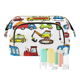 Kjovgcb Women Wave Quilt Cosmetic Bag, Zipper Toiletry Storage 10.2x5.9x6.7 in, Pouch Handbag Makeup Case Purse Holder Organizer Print Cars Set Bus Truck Motorcycle Airplane