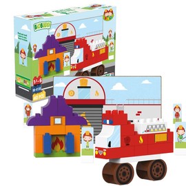BiOBUDDi BB-0130 Fire Station Building Kit, Biological Building Blocks for Plugging, Compatible with Other Brands, Made of Organic Plastic, 40 Clamping Blocks, Play Background and Cardboard Toy