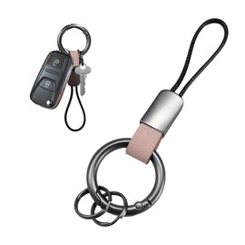 NYTKL Microfiber Leather Car Keychain, Zinc Alloy Buckle Key Fob Holder with Wrist Lanyard, Cute Wristlet Strap Keyrings (Pink)