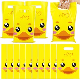 JarThenaAMCS 50Pcs Yellow Duck Party Favor Bag Cute Cartoon Duck Plastic Treat Bags with Handles Candy Goodie Bags for Summer Birthday Baby Shower