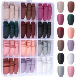 288PCS Medium Press on Nails Coffin, Medium Length Matte Fake Nails, Acrylic Ballerina False Nails Full Cover, Stick Glue On Nails, 12 Colors