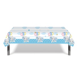 YOVECATHOU 99 pcs Blue Elephant Theme Tablecloth Flag Paper Plates Cups Napkins Plastic Forks Knives Spoon Baby Shower Decoration