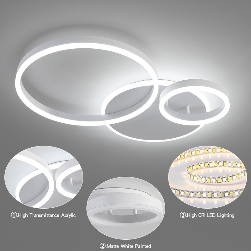 O'NEELDY Modern 3 Ring LED Chandelier Lamp Fixture White 25.59''Dimmable