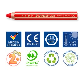 Staedtler STAEDTLER 3in1 Buntstifte und Sicherheitsschere Noris junior, Bunt-, Wachsmal- und Aquarellstift, ideal für Kleinkinder, schneidet nur Papier, 18 Farben, Spitzer und Sicherheitsschere, 140 C18P2X